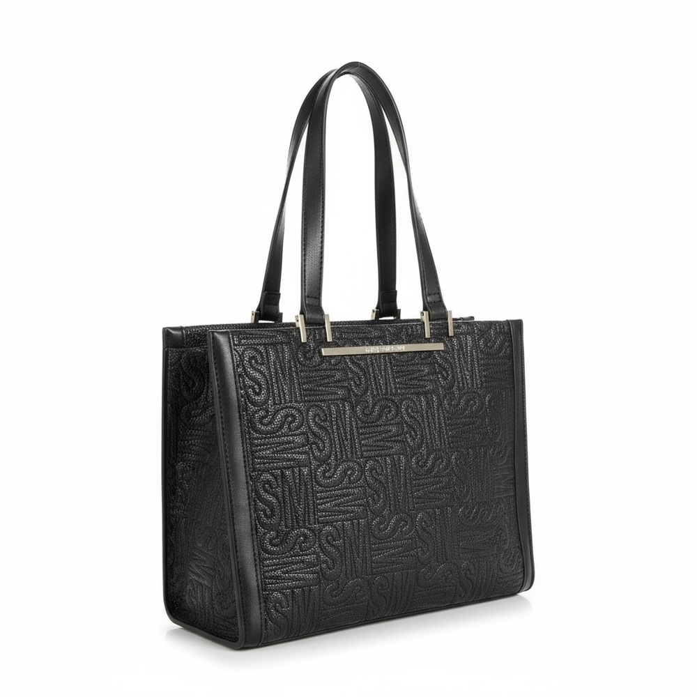 Steve Madden Purse,  Embossed SM all over print, black, gold hardware - Picture 2 of 8